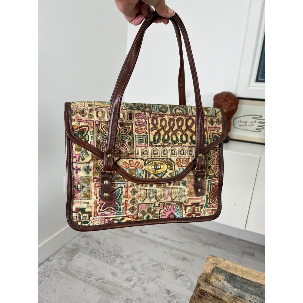 Vintage Spilene Tapestry Top Handle Bag Brown Faux Leather Trim Made in USA Bag